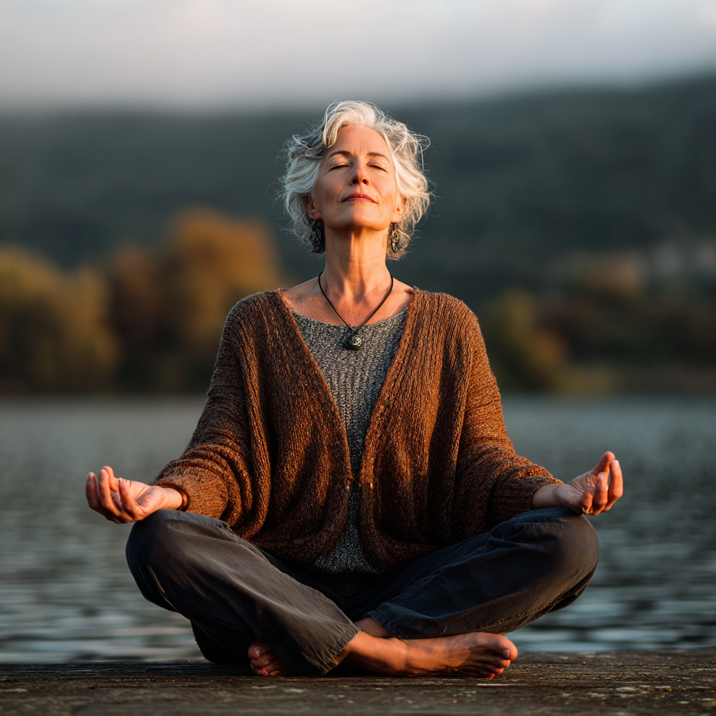 Mature woman practicing yoga poses in serene natural environment