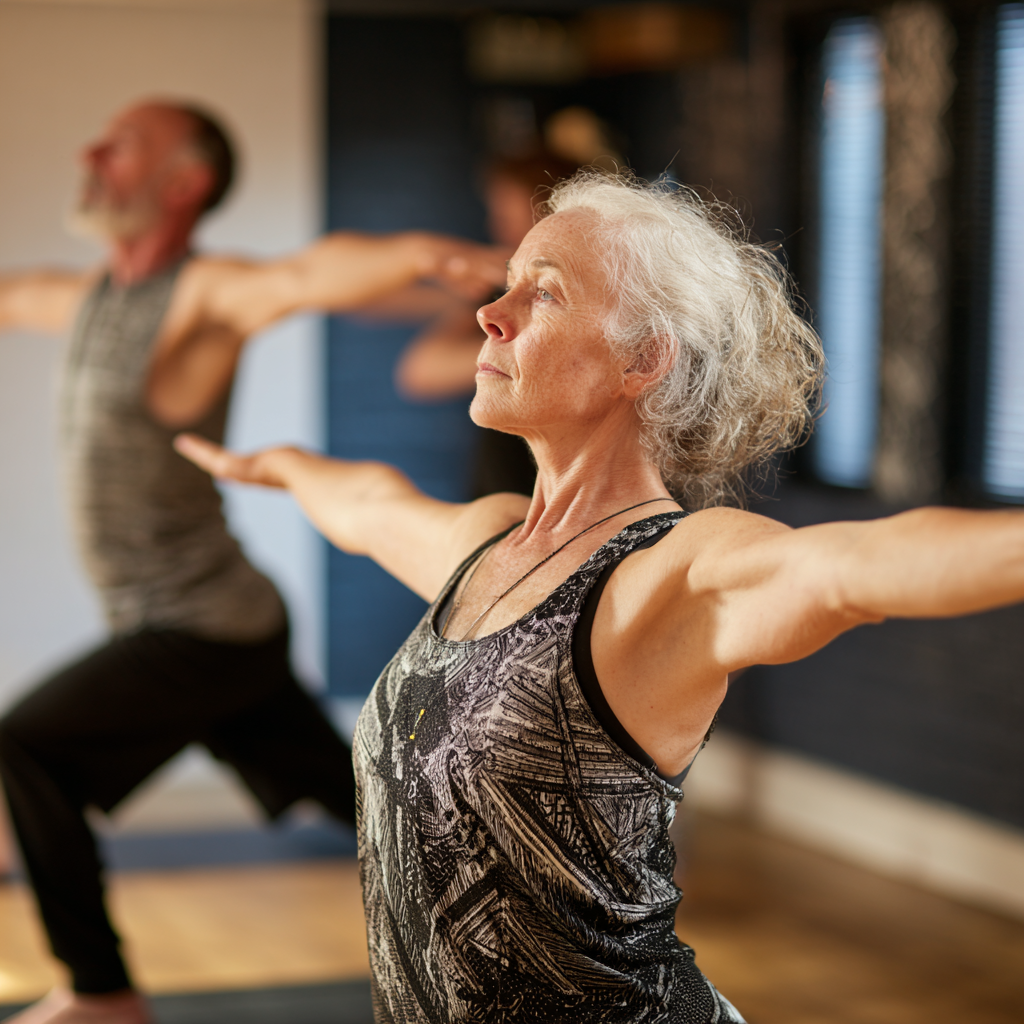 Senior instructor demonstrating yoga posture in kavridest studio